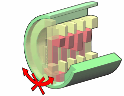 Without a key in the lock, the discs (red) are pushed down by springs. The discs nestle into a groove in the lower part of the outer cylinder (green) preventing the plug (yellow) from rotating.