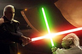 A lightsaber duel between Yoda and Count Dooku.