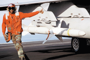 An AGM-88 HARM missile loaded aboard an aircraft