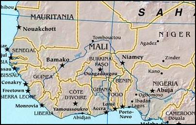 Map of Niger river, showing Tombouctou