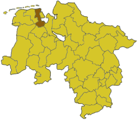 Map of Lower Saxony highlighting the district Friesland