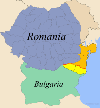Map of Romania with Northern Dobrogea highlighted in orange and Bulgaria with Southern Dobruja highlighted in yellow