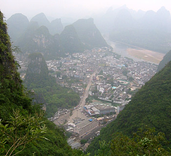 The town of Yngshu from a nearby karst peak. The Li river can be seen in the background.