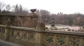At Bethesda Terrace: formal stairs and a viewing platform for a naturalistic panorama beyond the Lake.