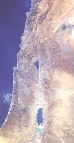 The Sea of Galilee with the  flowing out of it to the south and into the 