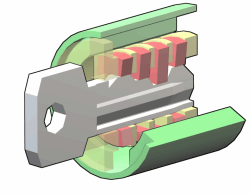 When the correct key is inserted, the discs (red) are raised up out of the lower groove in the outer cylinder, but not so high that they enter the upper groove in that cylinder.