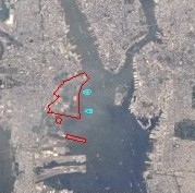 Image of Liberty State Park taken by NASA. (The red line shows where Liberty State Park is, blue lines show where Ellis Island and Liberty Island are.)