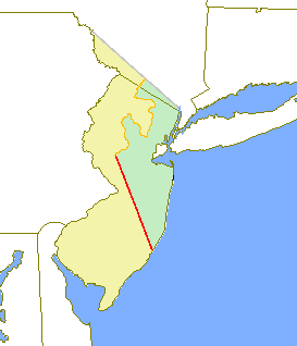 The original provinces of West and East New Jersey are shown in yellow and green respectively. The Keith Line is shown in red, and the Coxe and Barclay line is shown in orange