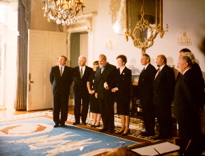 Mary Robinson resigns as President of Ireland, September 1997.From left to right: Pat Rabbitte (since Leader of the Labour Party), Former  John Bruton,  Mary Harney, Nick Robinson (husband), President Robinson,  Bertie Ahern, then Labour Leader Ruairi Quinn and three members of the collective vice-presidency, the ;  Senator Liam Cosgrave, Chief Justice Liam Hamilton and  Seamus Patterson