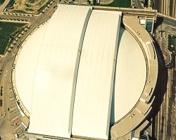 Overhead view of Rogers Centre (formerly SkyDome), with the roof closed, as seen from the CN Tower