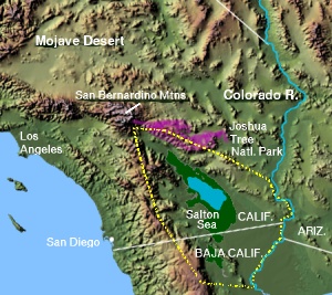 The Colorado Desert (yellow) showing Joshua Tree National Park
