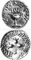 A coin issued by the rebels in 68 CE. : ", Israel. Year 3". : "Jerusalem the Holy"