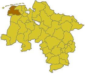 Map of Lower Saxony highlighting the district Aurich