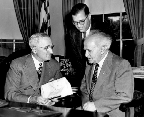U.S. President , left, with David Ben-Gurion, behind them is .