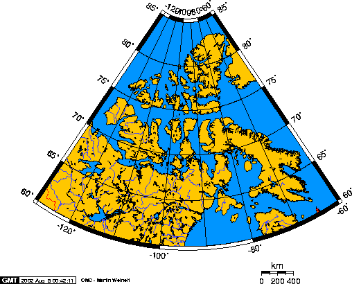 Polar projection map of the Arctic Islands north of Canada