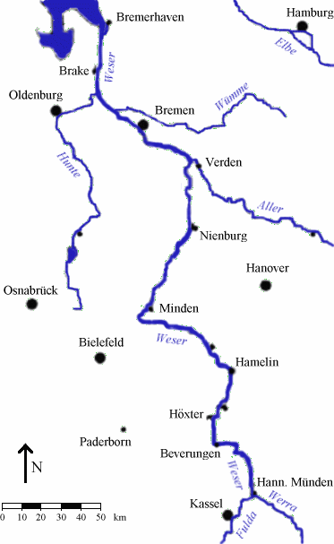 The river Weser and the most important cities