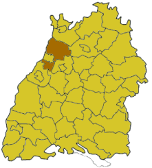 Map of Baden-Wrttemberg highlighting the district Karlsruhe