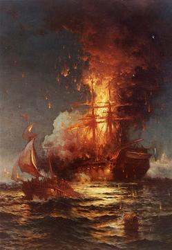 Burning of the frigate Philadelphia in the harbor of Tripoli, , , by , painted .