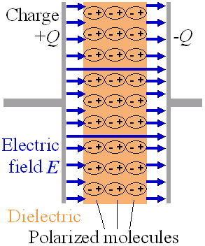 The electrons in the molecules shift toward the positively charged left plate.  The molecules then create a leftward electric field that partially annuls the field created by the plates.  (The air gap is shown for clarity; in a real capacitor, the dielectric is in direct contact with the plates.)