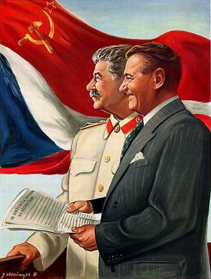 A 1950s Czechoslovak propaganda poster depicting Gottwald and Stalin