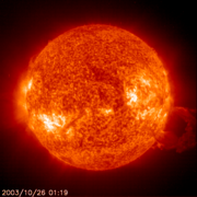 Large solar flare recorded by SOHO EIT304 instrument in the . (Animation (980kB MPEG)).