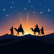 Silhouette drawing of the Three Wise Men on camels following the star of Bethlehem.