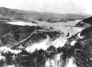 The St. Francis Dam (looking north) with water in its reservoir