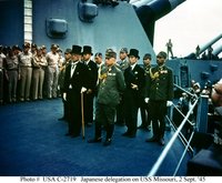 Representatives of Japan stand aboard the  prior to signing of the Instrument of Surrender