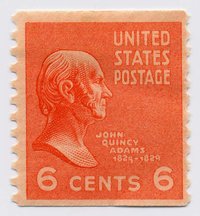 A "coil" stamp showing John Quincy Adams (1767-1848). He was the sixth president of the United States from 1825 - 1829. His father, John Adams, was second president of the United States.