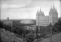 This photo of Temple Square, circa , shows that the plot housed the tallest buildings in  at the time, namely the ,  and .