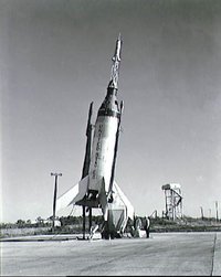 Little Joe 5 prepared for launch, Wallops Is., VA. (NASA)