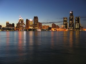 The Detroit skyline at night.
