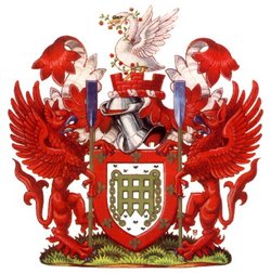 The supporters of the arms of the London Borough of Richmond upon Thames: On either side a Griffin Gules armed and beaked Azure each supporting an Oar proper the blade of the dexter Dark Blue and that of the sinister Light Blue.