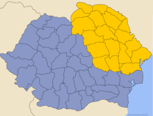 Map showing Romania without Moldavia in blue and Moldavia (parts inside and outside Romania) in  yellow