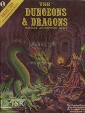 The D&D Basic Set features cover artwork by , showcasing his distinctive style.  The painting features many elements of the  game, including a magic-user, a fighter, a -like  and a  underground expanding into the gloom.