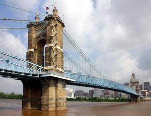 A view of the John A. Roebling Suspension Bridge from  on the south bank of the  with  in the background