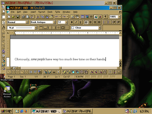 Windows 98SE with the "Jungle" theme, and a couple of the programs from Microsoft Office 4.3 running.