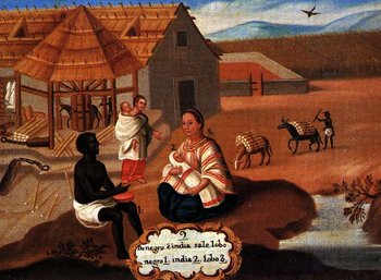 Representation of zambos during the Latin American colonial period.  Translated, the legend for the figures in the foreground reads, "A male  (left) and a female  (right) produce an infant 'Lobo' (literally "wolf," center), which is a  synonym for "zambo."  Note the discarded shackles on the ground in the background (left) near the timbers, representing the zambos' freedom from slavery.