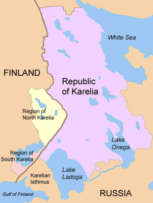 Map showing the Republic of Karelia and the two Finnish regions.