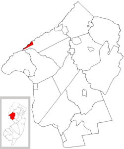 Bloomsbury highlighted in Hunterdon County. Inset map: Hunterdon County highlighted in the State of New Jersey.