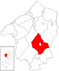 Raritan Township highlighted in Hunterdon County. Inset map: Hunterdon County highlighted in the State of New Jersey.