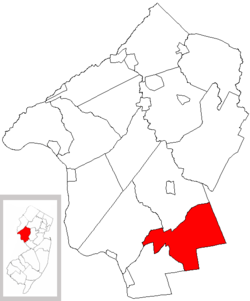 East Amwell Township highlighted in Hunterdon County. Inset map: Hunterdon County highlighted in the State of New Jersey.