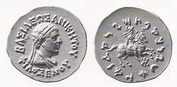 Silver tetradrachm of king Philoxenus(100-95 BCE).Obv: Helmetted, diademed and draped bust of Philoxenus holding a spear. Greek legend BASILEOS ANIKETOU PHILOXENOU "Invincible King Pholoxenus"Rev: King on prancing horse in military dress.  legend MAHARAJASA APADIHATASA PHILASINASA "Invincible King Philoxenus".