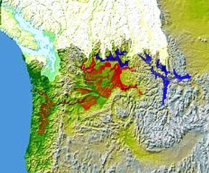 Glacial Lake Columbia (west) and Glacial Lake Missoula (east) are shown south of Cordilleran Ice Sheet. The areas inundated in the Columbia and Missoula floods are shown in red.