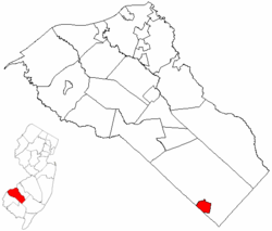 Newfield highlighted in Gloucester County. Inset map: Gloucester County highlighted in the State of New Jersey.