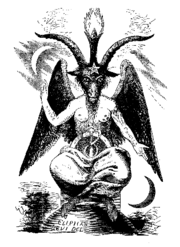 Eliphas Levi's illustration of Baphomet, in his Dogme et Rituel de la Haute Magie, 1855, accompanied the first modern suggestion of an ancient horned god driven underground by the spread of Christianity. Note the mlange of classical symbolism: the  torch of , the  (often seen as a bull's horns), and the   combined with female breasts.