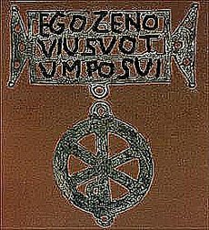 An early Christian  of early 4th century, unearthed at Biertan, near Sibiu, in Romania It reads EGO ZENOVIUS VOTUM POSUI "I, Zenovius, offered this gift"