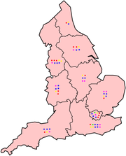 Map of England with a coloured dot for each MEP