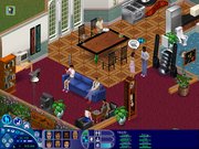 This screenshot of The Sims shows a large family inhabiting one house.  The focus is currently on the -clad character, who can be identified by the green diamond over his head his portrait highlighted in the control bar.  By the color of the diamond and his statistics, the user can see he is currently very content.