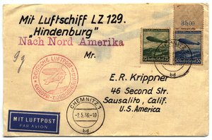Cover sent from , Germany to  on the first North American flight of the Hindenburg, - . The address and "Mit Luftschiff..." notation were hand-lettered by the sender, the "Nach Nord Amerika" and red circular marking were applied by the post office; the latter marking includes a small "d" indicating it was applied at . The stamps are of a type issued specially for this trip, and one of them has a piece of the sheet margin still attached, for no apparent reason. The back includes a handstamped return address naming the sender as a Kurt Krippner, and a   dated . This is a very common type of cover, typically available for around US$10.